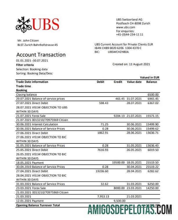 Exemplo de PDF do UBS Excel da Suíça